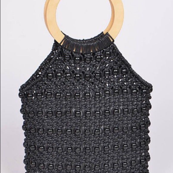 Handbags - Retro inspired black straw/beaded boho handbag